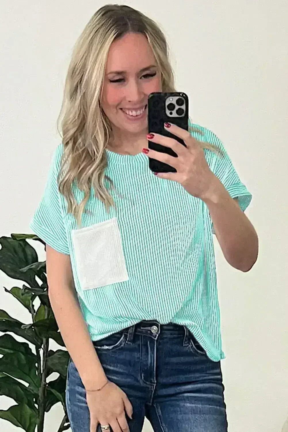 Pink Corded Colorblock Pocket Crew Neck T Shirt