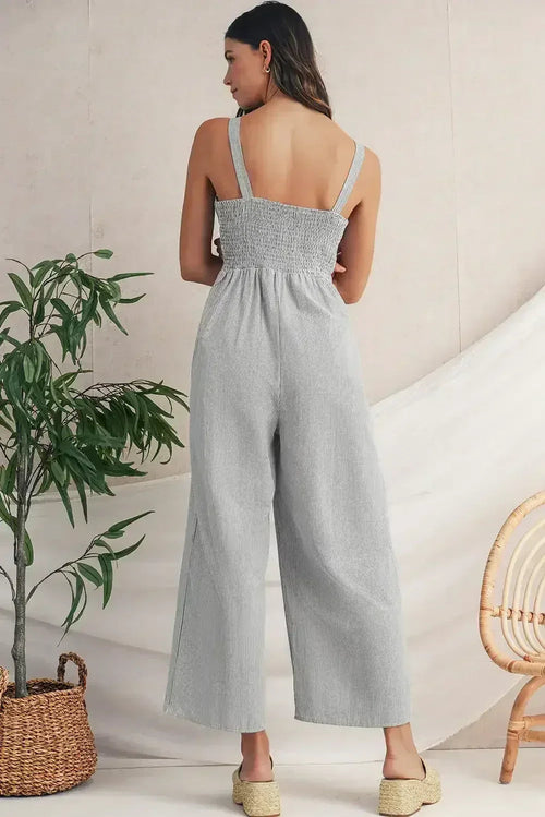 Black Stripe Half Buttoned Sleeveless Wide Leg Jumpsuit