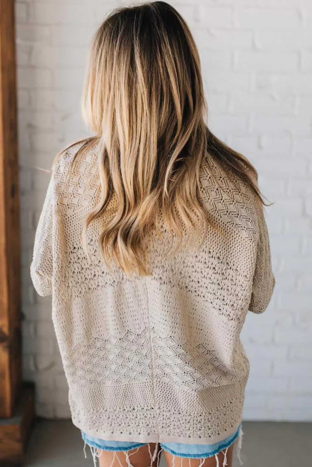 Redwood Burl Mix Pattern Hollow Knit Open Front Cardigan