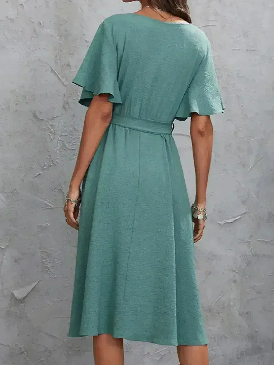 Surplice Flutter Sleeve Tie Wrist Midi Dress – Femstylo