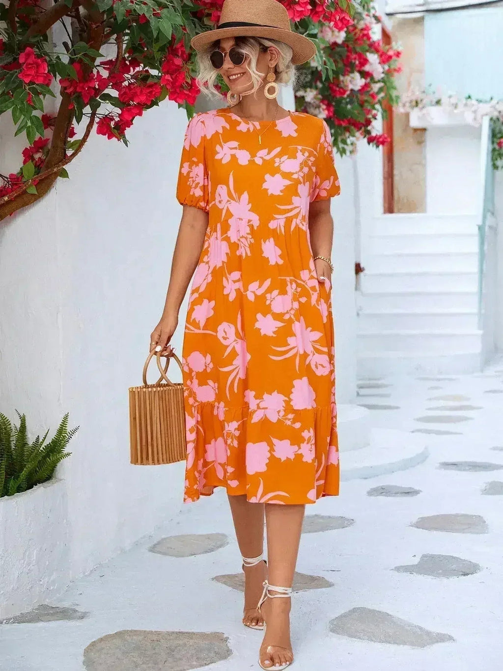 Floral Puff Sleeve Ruffle Hem Midi Dress