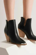 Metal-Toe Ankle Boots - 3.5" Block Heel - Faux Leather Pointed-Toe