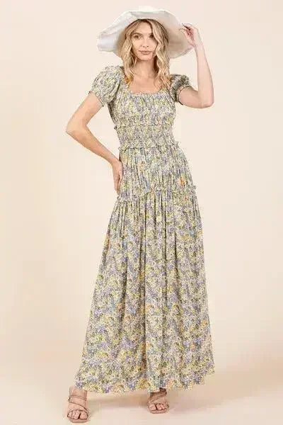 Floral Puff Sleeve Maxi Dress - Romantic Smocked Waist | Femstylo