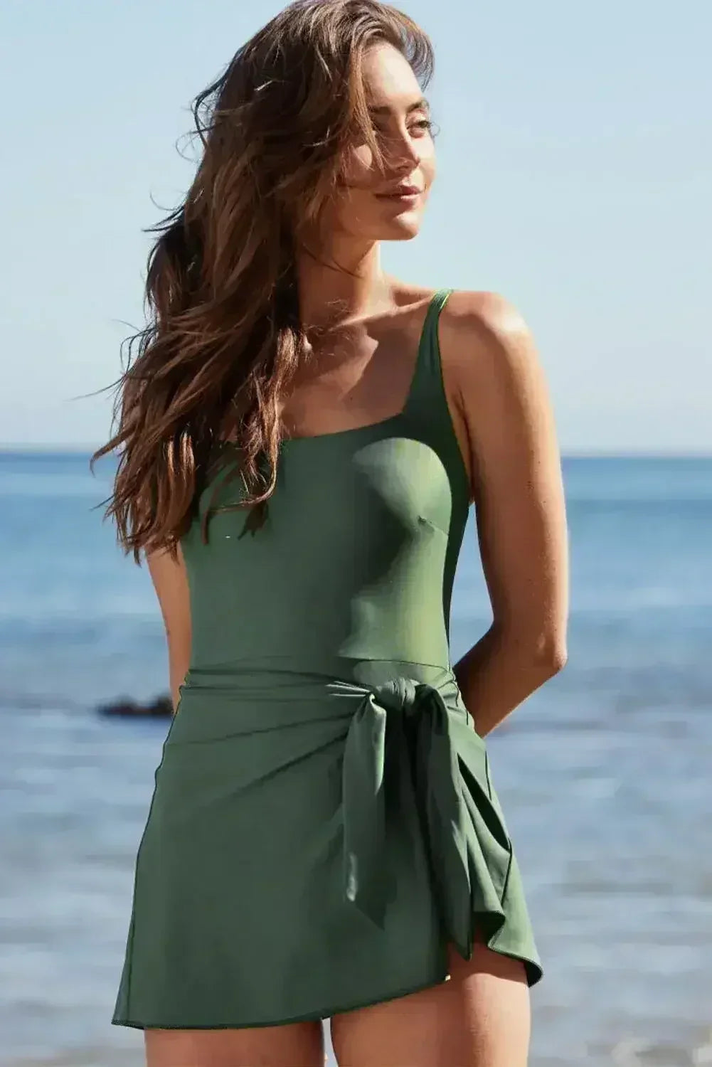 Black Side Tied Waist Square Neck Adjustable Straps A Line One Piece Swim Dress