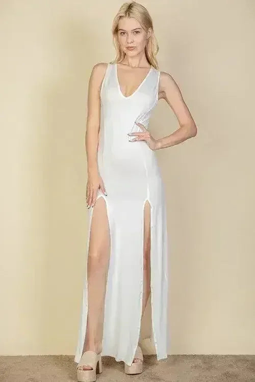 Plunge Neck Thigh Split Dress