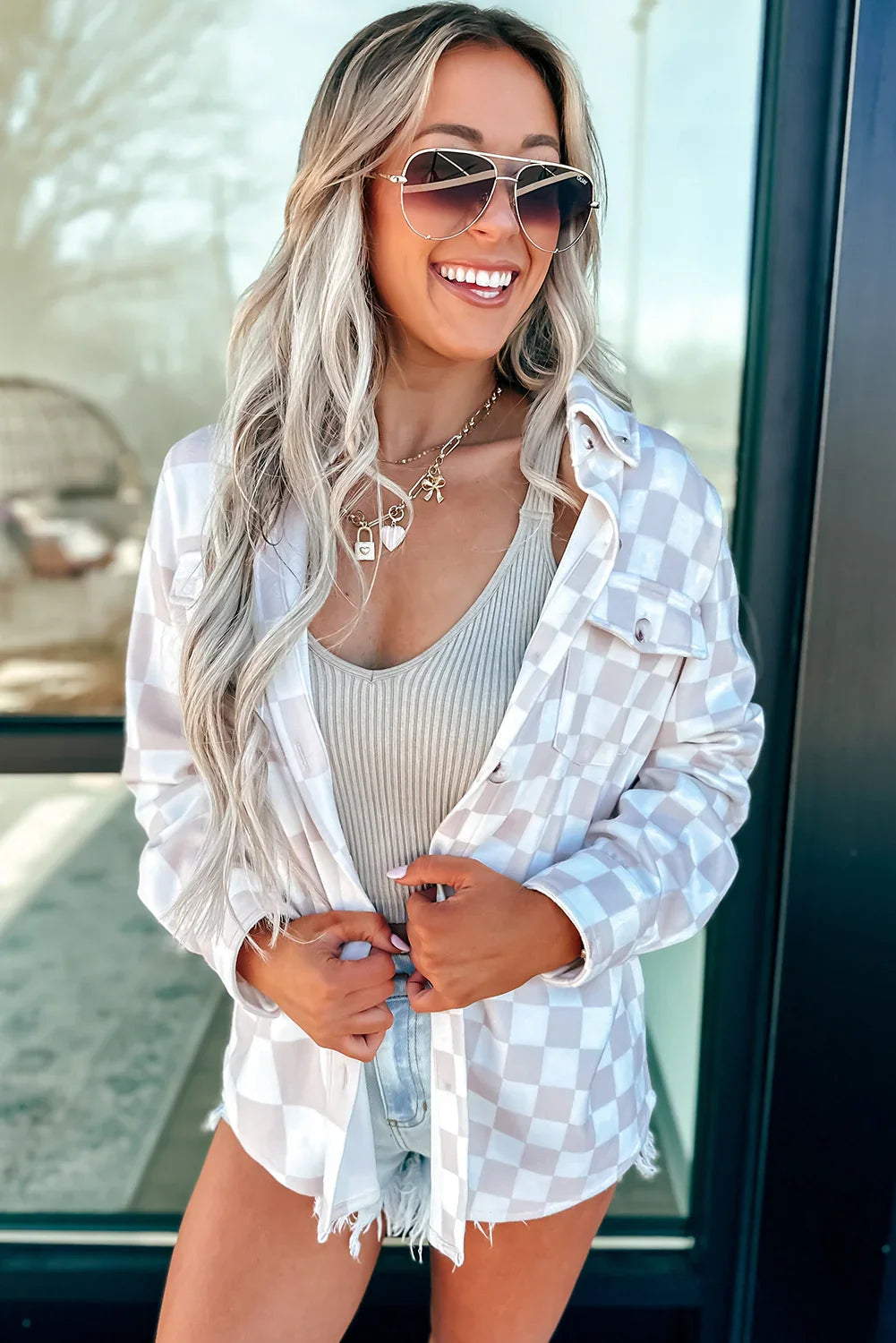 Khaki Checkerboard Shacket | Button Front Flap Pocket Jacket -Femstylo