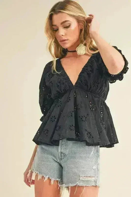 Aemi + Co Eyelet Embroidered V-Neck Half Sleeve Peplum Blouse
