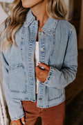 Myosotis Scallop Trim Collar Pocket Button Up Denim Jacket