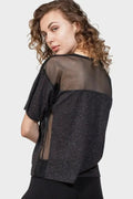 Back Mesh Yoke Top – Sexy Black Crew Neck with Peek-a-Boo Mesh