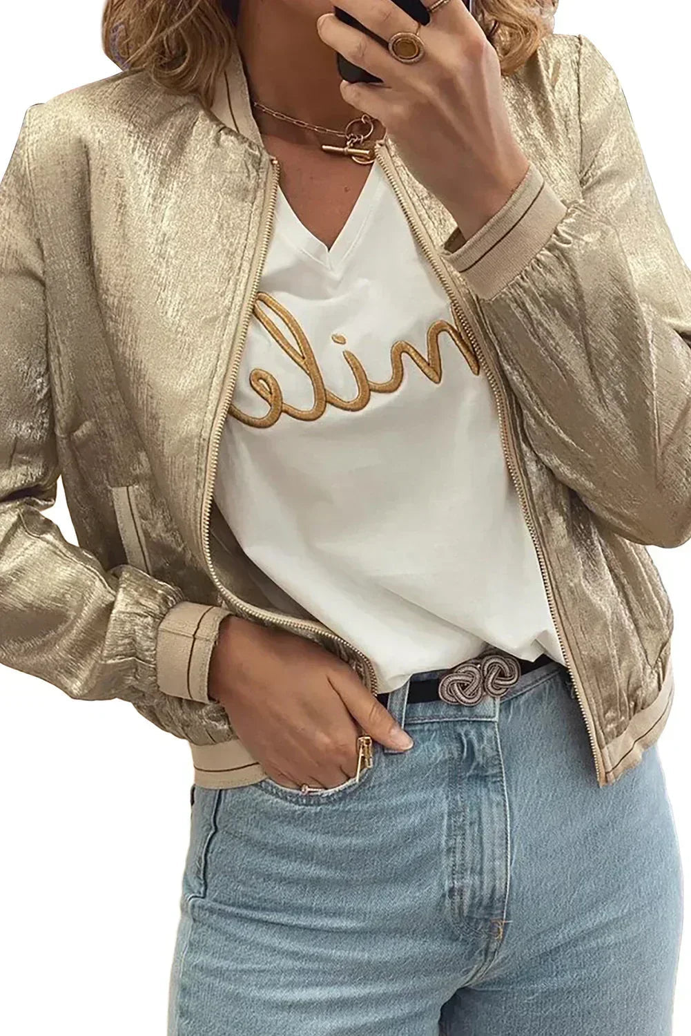 Pale Khaki Metallic Zip-Up Baseball Jacket – Femstylo
