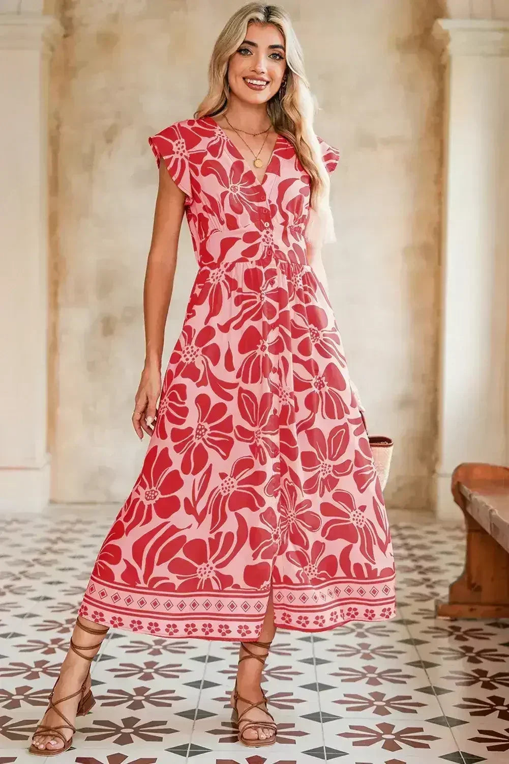 Red Boho Floral V-Neck Ruffle Shoulder Maxi Dress