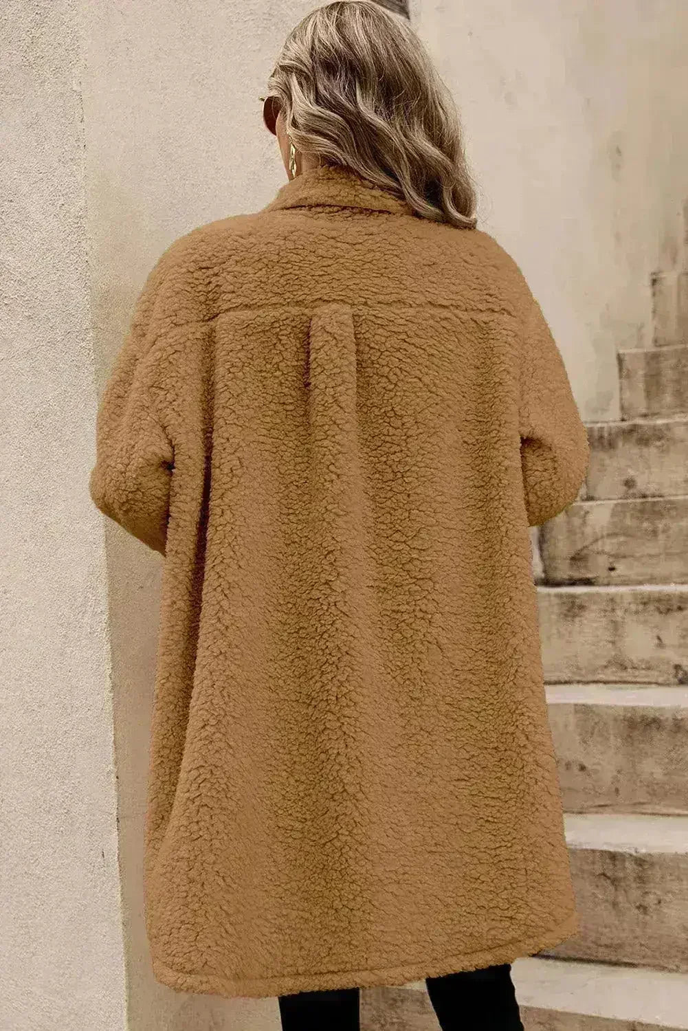 Blue Teddy Coat – Contrast Flap Pockets & Single Breasted