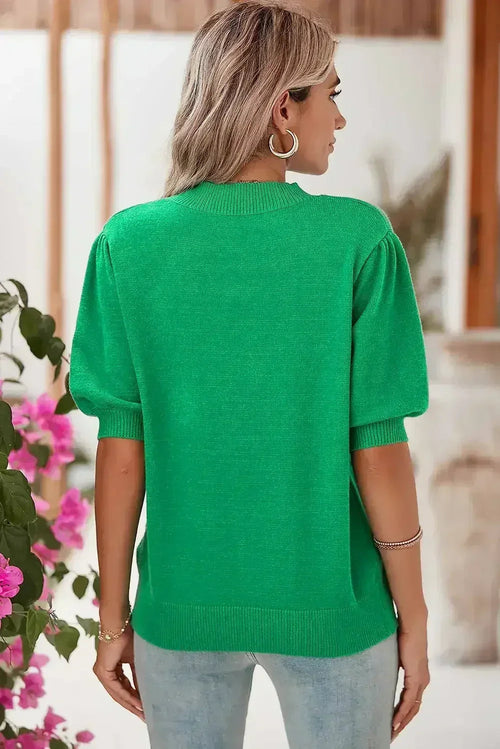 Bright Green 60s Floral Bubble Short Sleeve Knitted Top
