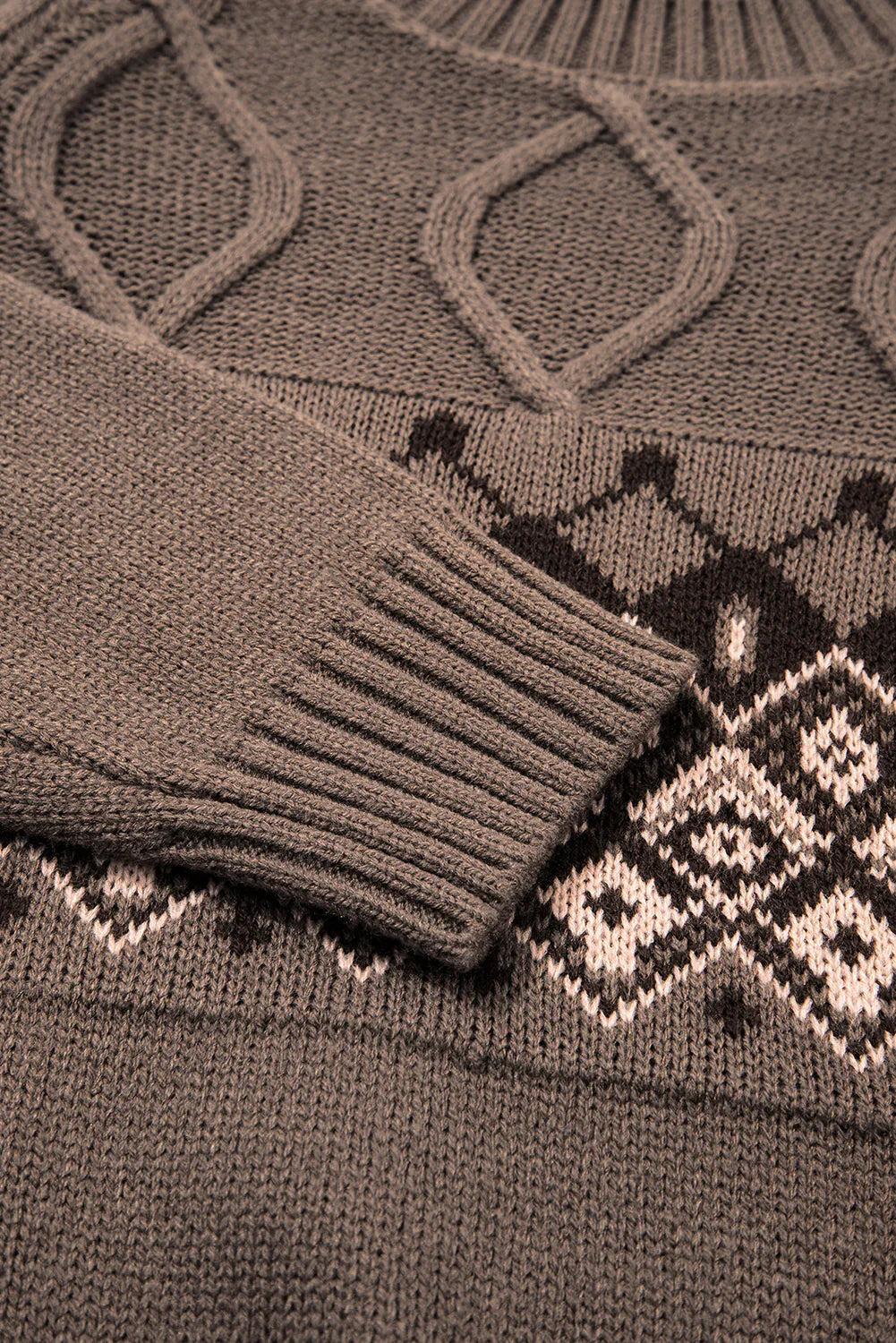 Light French Beige Geometric Pattern Crew Neck Knitted Sweater