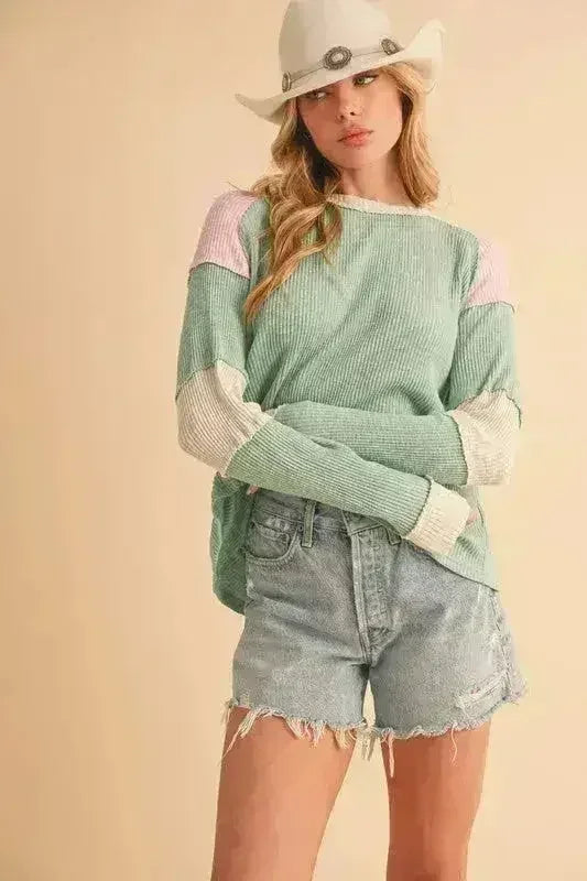 Aemi + Co Raw Seam Knit Top - Color Block Cotton Blend | Femstylo