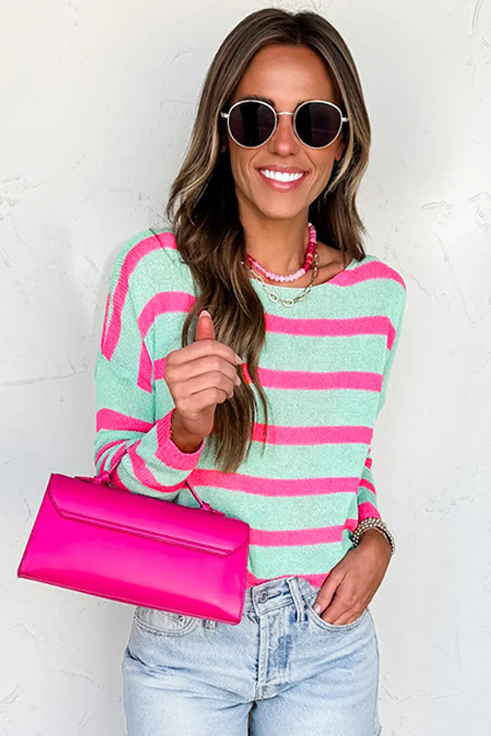 Green Striped Round Neck Colorblock Knit Sweater