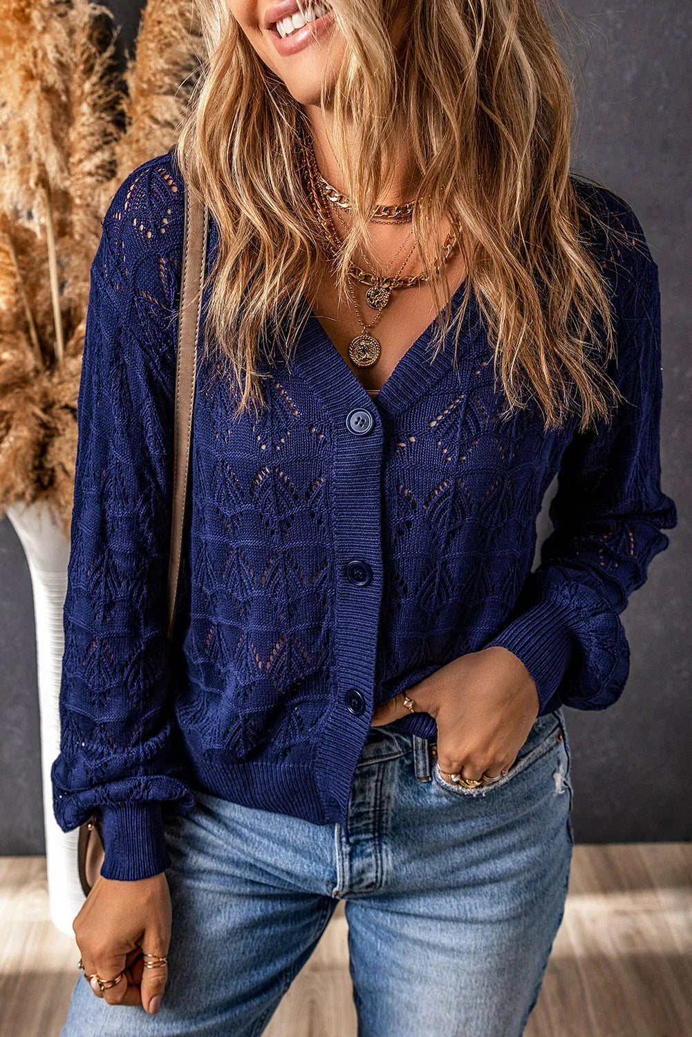 Green Lightweight Buttoned Front Crochet Cardigan