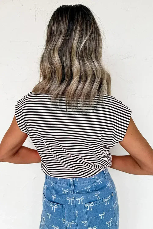 Black Stripe Ribbed Cap Sleeve Round Neck T Shirt