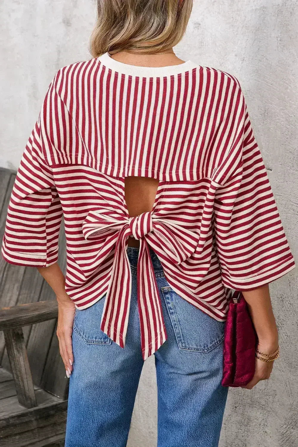 Black Stripe Bowknot Backless T-Shirt