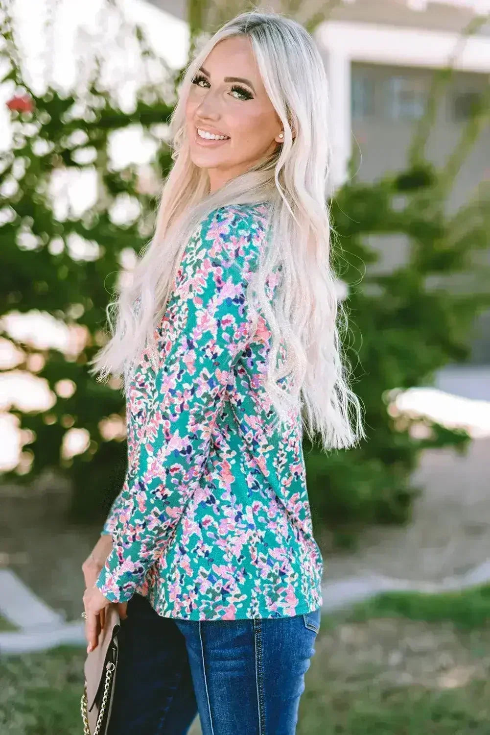 Green Floral Pleated Blouse - Relaxed Long Sleeve Top | Femstylo