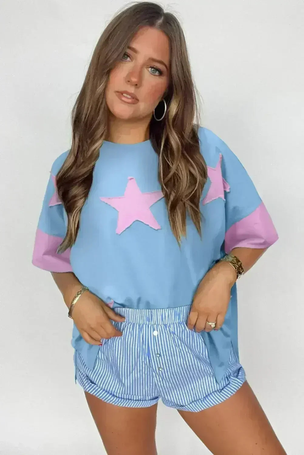 Aruba Blue Frayed Star Patched 4th of July Oversize T Shirt