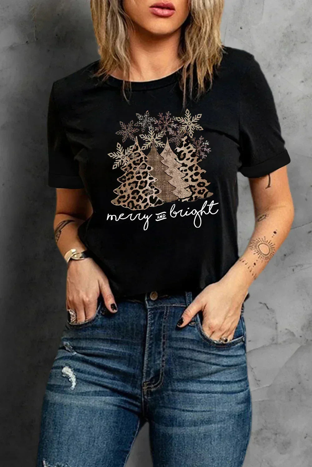 White Leopard Christmas Tree Graphic Tee – Festive & Fierce Crewneck