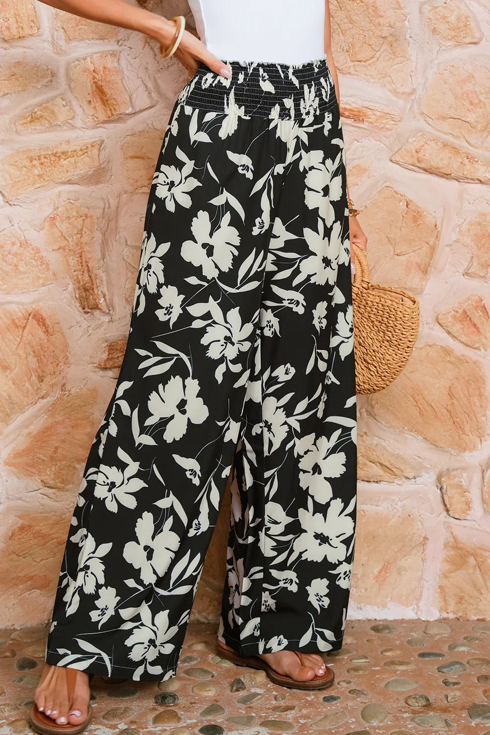 Blue Floral Smocked Frill Waist Wide Leg Pants