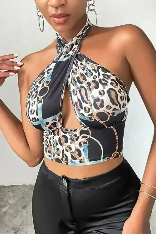 Black Chain Print Underbust Halter Neck Top – Trendy Cross Front Crop Top