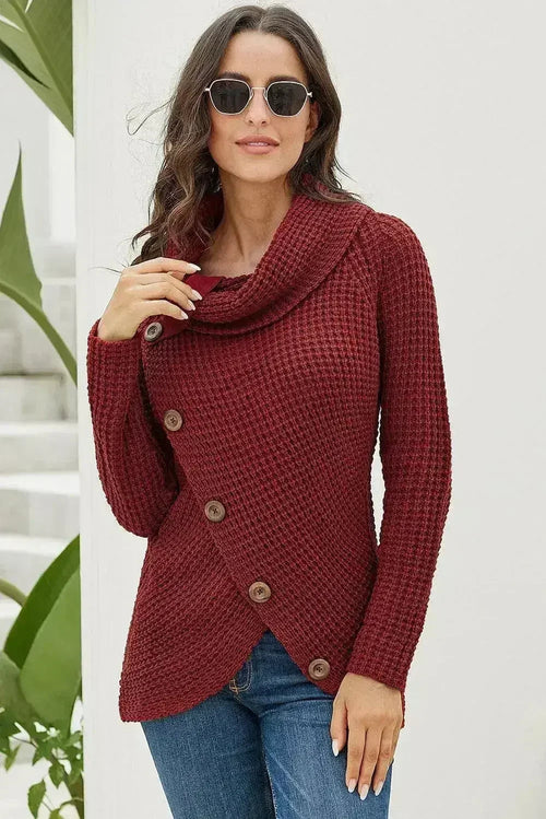 Burgundy Buttoned Wrap Turtleneck Sweater