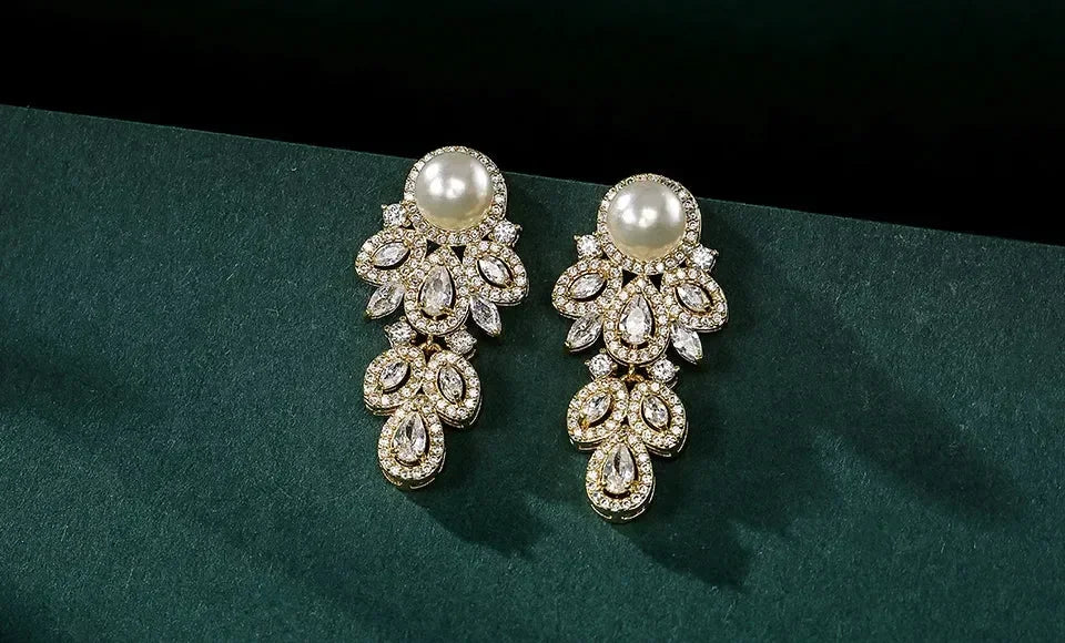 ZAKOL New Fashion CZ Zirconia Crystal Leaf Dangel Earrings for Women Luxury Bridal Wedding Party Jewelry