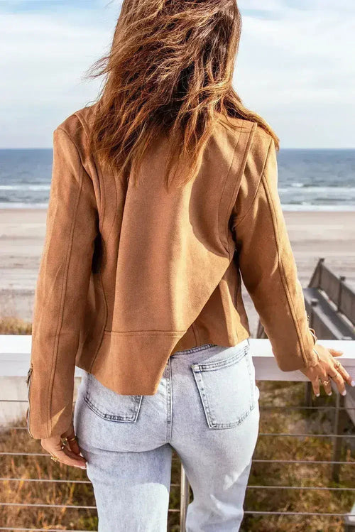Brown Notch Collar Jacket - Classic Zippered Short Coat for Women | Femstylo