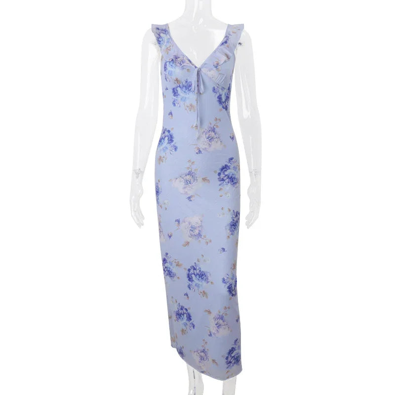 Yellow Floral Maxi Dress | Retro V-Neck Summer Party Gown -femstylo