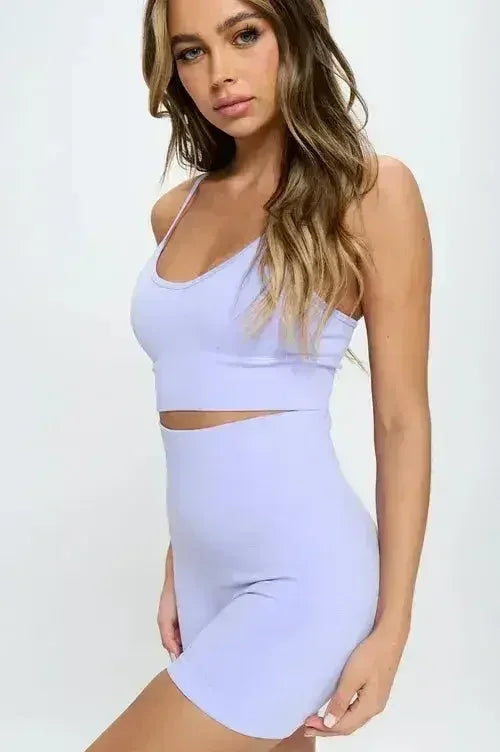 2-Piece Seamless Sleeveless Crop Top & Biker Shorts Set – High-Stretch