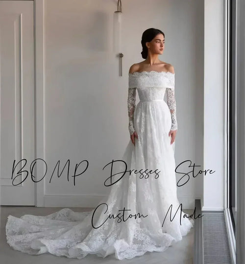 BOMP Elegant Lace Wedding Dress Sweetheart Off Shoulder Full Sleeves Sweep Train Ivory Bridal Gown Customized Robe De Mariée