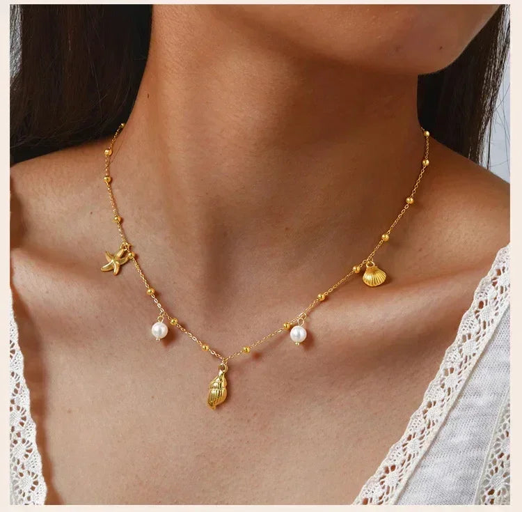 18k Gold Plated Pearl Shell Conch Starfish Summer Beach Necklace, Charms Necklace for Women,Stainless Steel Waterproof Jewelry
