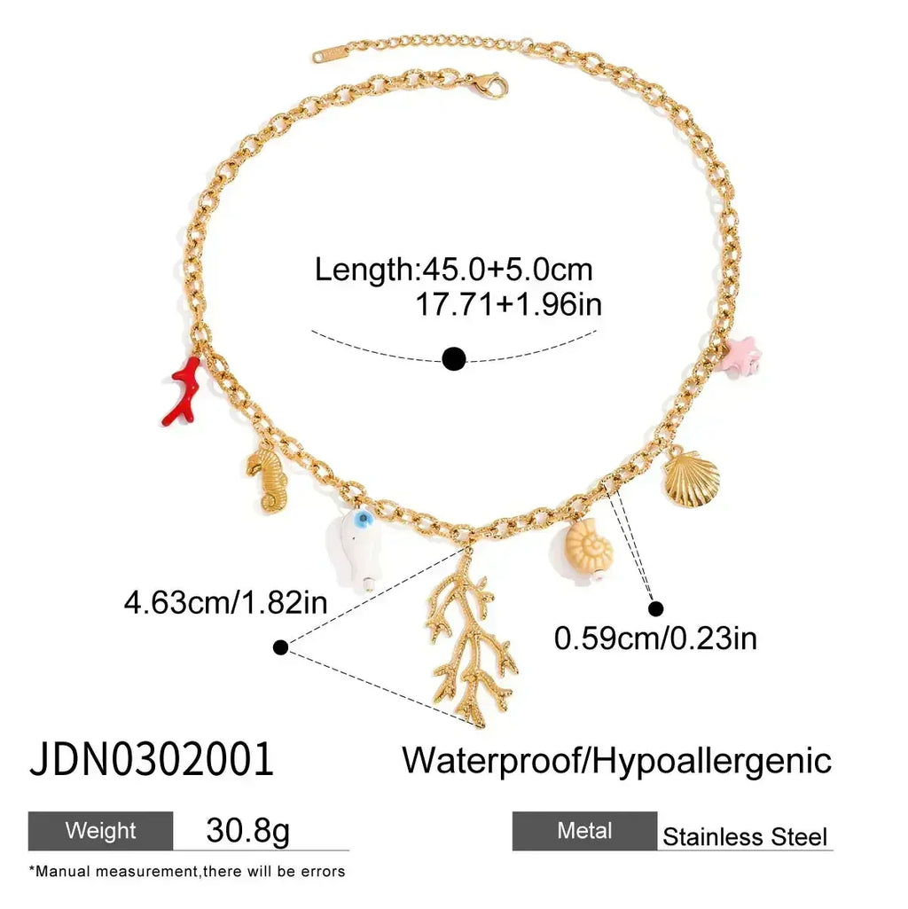 Zora Colorful Summer Holiday Style Conch Pendant Necklace Women's 18K Gold-plated Stainless Steel Multi Charm Fashion Jewelry
