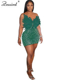 Znaiml Sexy Feathers Rhinestones Backless Diamond Sheer Mesh Bodycon Dresses for Woman Rave Club Birthday Party Night Vestidos