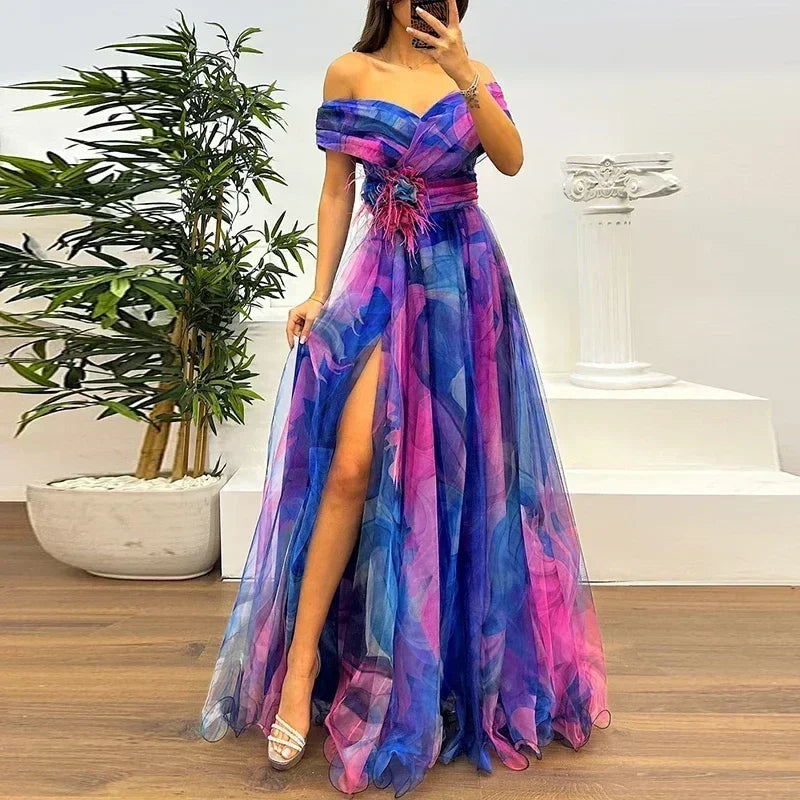 Women 2025 Pattern High Waist Party Dress Sexy Slit Mesh Cocktail Gala Dress Fashion One Shoulder Female Pleated Evening Dress