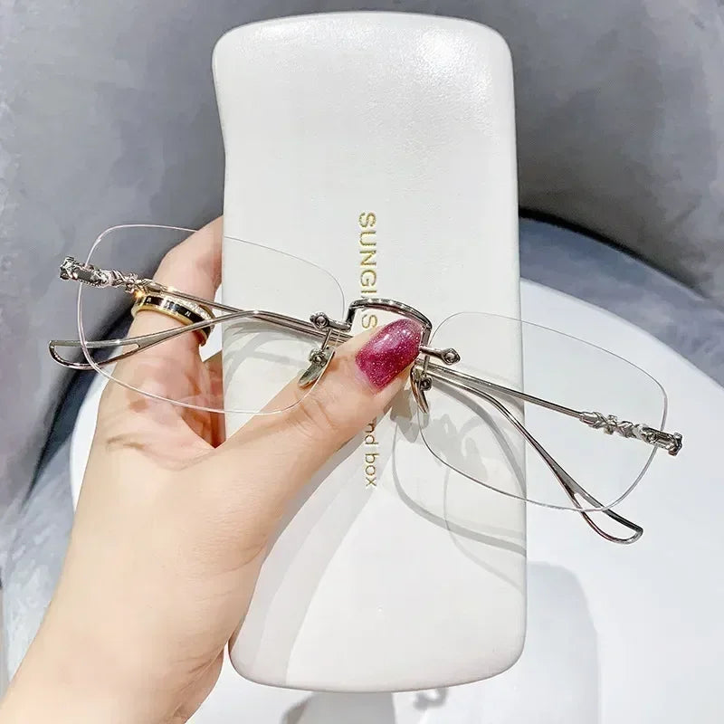New Fashion Photochromic Myopia Glasses Vintage Rimless Square Women Men Anti Blue Light UV Sunglasses Optical Diopter Eyewear