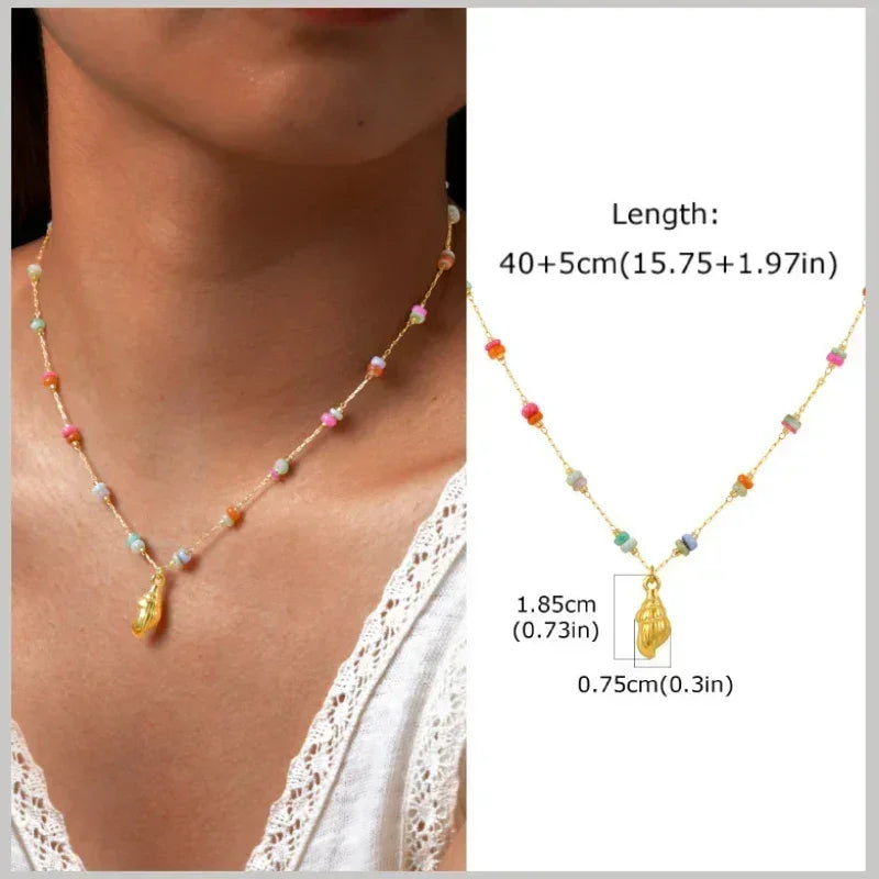 18k Gold Plated Pearl Shell Conch Starfish Summer Beach Necklace, Charms Necklace for Women,Stainless Steel Waterproof Jewelry