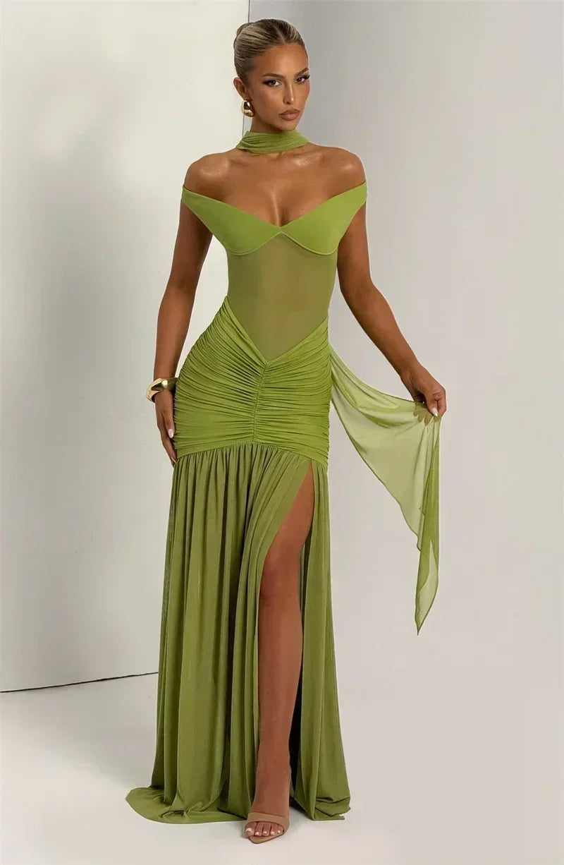 Mozision Off-shoulder Backless Sexy Maxi Dress Women Gown Halter Sleeveless Backless Thigh High Split Club Party Long Dress