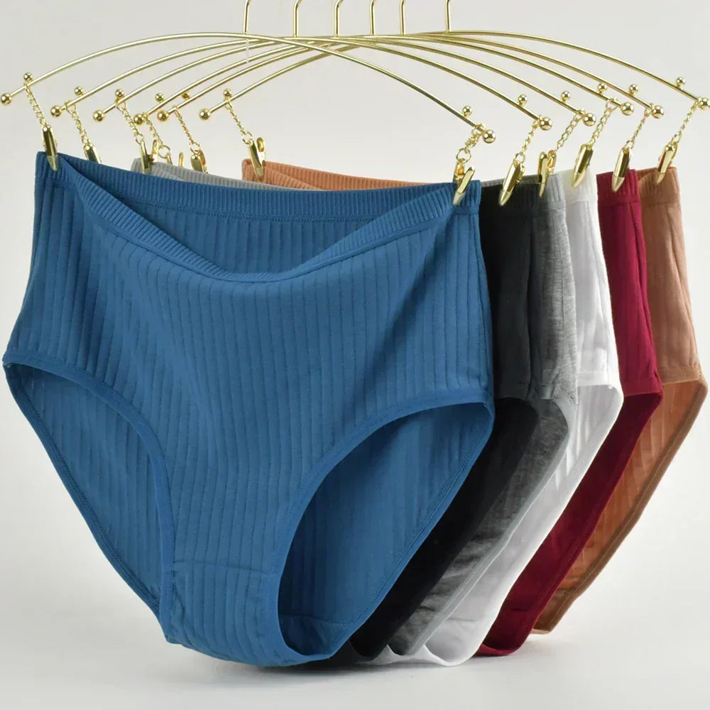 1pc Women's Cotton High Waist Panties – Vertical Stripe Plus Size Underwear Breathable Solid Lingerie Shorts Simple Lady Briefs