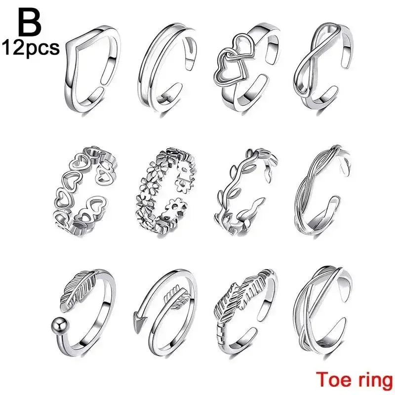 12pcs Adjustable Toe Rings For Women Girls Simple Beach Open Toe Set Cute Heart Feather Summer Toe Foot Jewelry