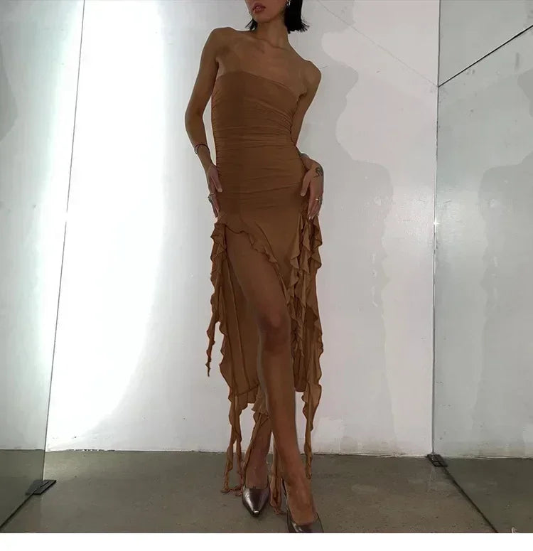 Cryptographic Irregular Ruffle Off Shoulder Sexy Backless Midi Dress for Women Elegant Birthday Vestido Summer Sundresses Ruched