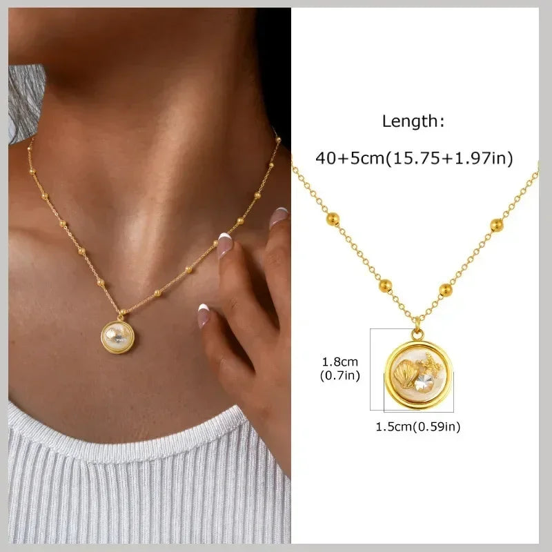 18k Gold Plated Pearl Shell Conch Starfish Summer Beach Necklace, Charms Necklace for Women,Stainless Steel Waterproof Jewelry