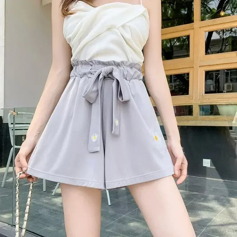 Summer Lightweight Black Casual Sports Pants Women Student Loose High-Waist Wide-Leg Shorts