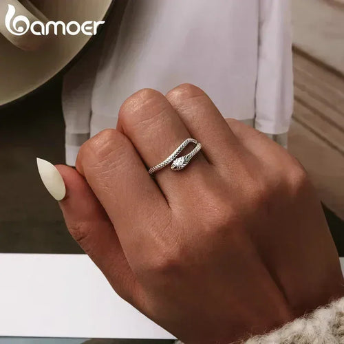 BAMOER 925 Sterling Silver Platinum Plated Adjustable Ring, Green Zircon Retro Textures Snake Ring Fashion Jewelry 4 Colors