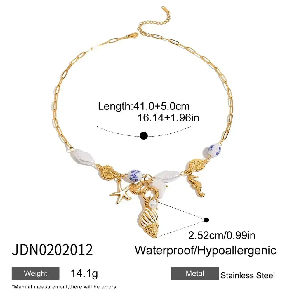 Zora Colorful Summer Holiday Style Conch Pendant Necklace Women's 18K Gold-plated Stainless Steel Multi Charm Fashion Jewelry