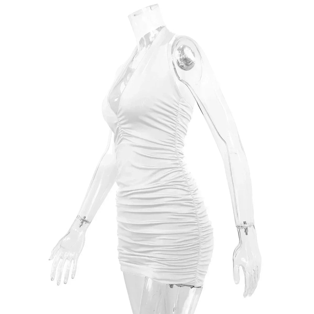 Sexy Deep V Evening Party Sleeveless Backlss Dress 2024 Summer Short White Halter  Dresses Women Tight Club Mini Dress Clubwear