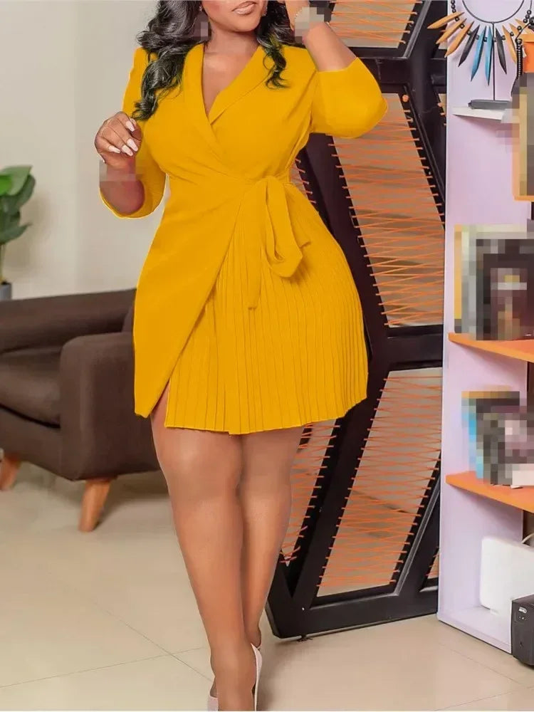 Women  Solid Plus Size Folds Dress Neck Pleated Blazer Style Dress Office Vintage Sexy Lady Belt Party Tight Curvy Short Dress